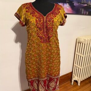 Embroidered Mustard & Red Short-Sleeve Kurta